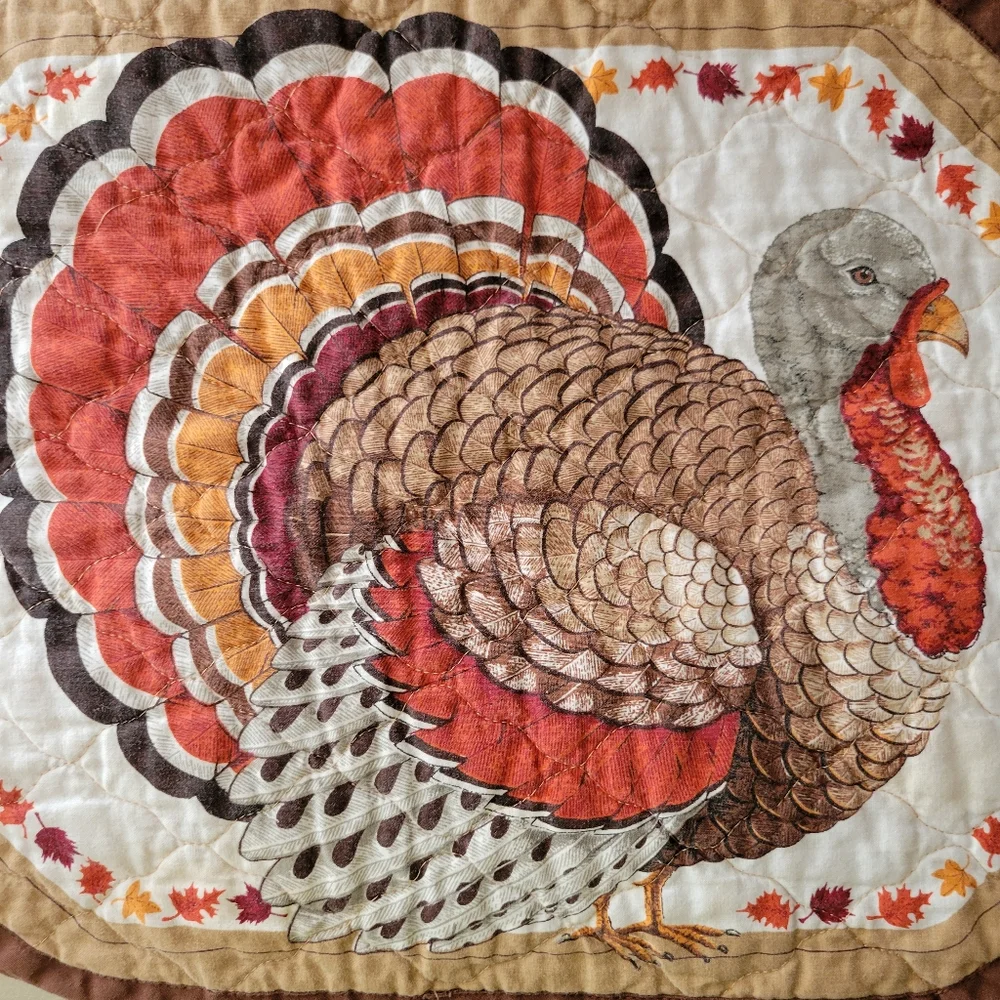 Quilted Turkey Placemats (6) Handmade Autumn Theme Leaves Farmhouse Cottage